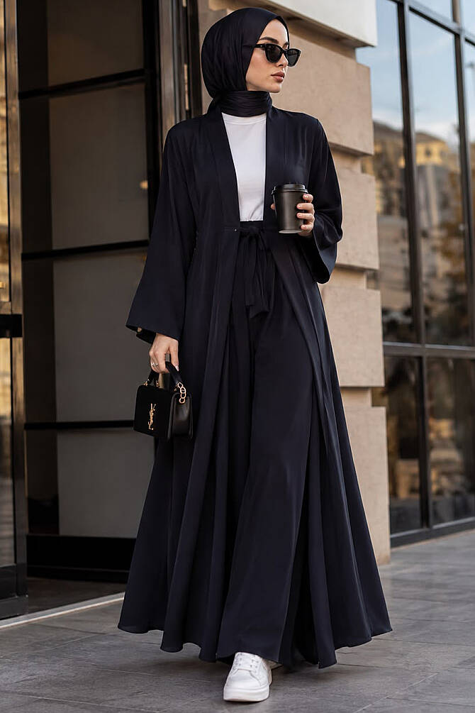 Black Marrakesh-print belted kimono modest set 1403S wholesale Turkey standard size