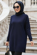 Side-Slit Navy Modest Knit Sweater 10901L