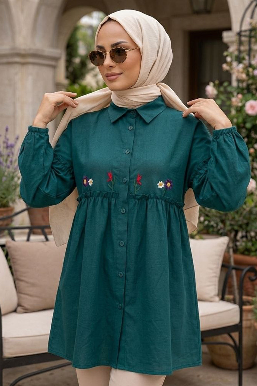 Embroidered Petrol Green Modest Tunic 40603PY