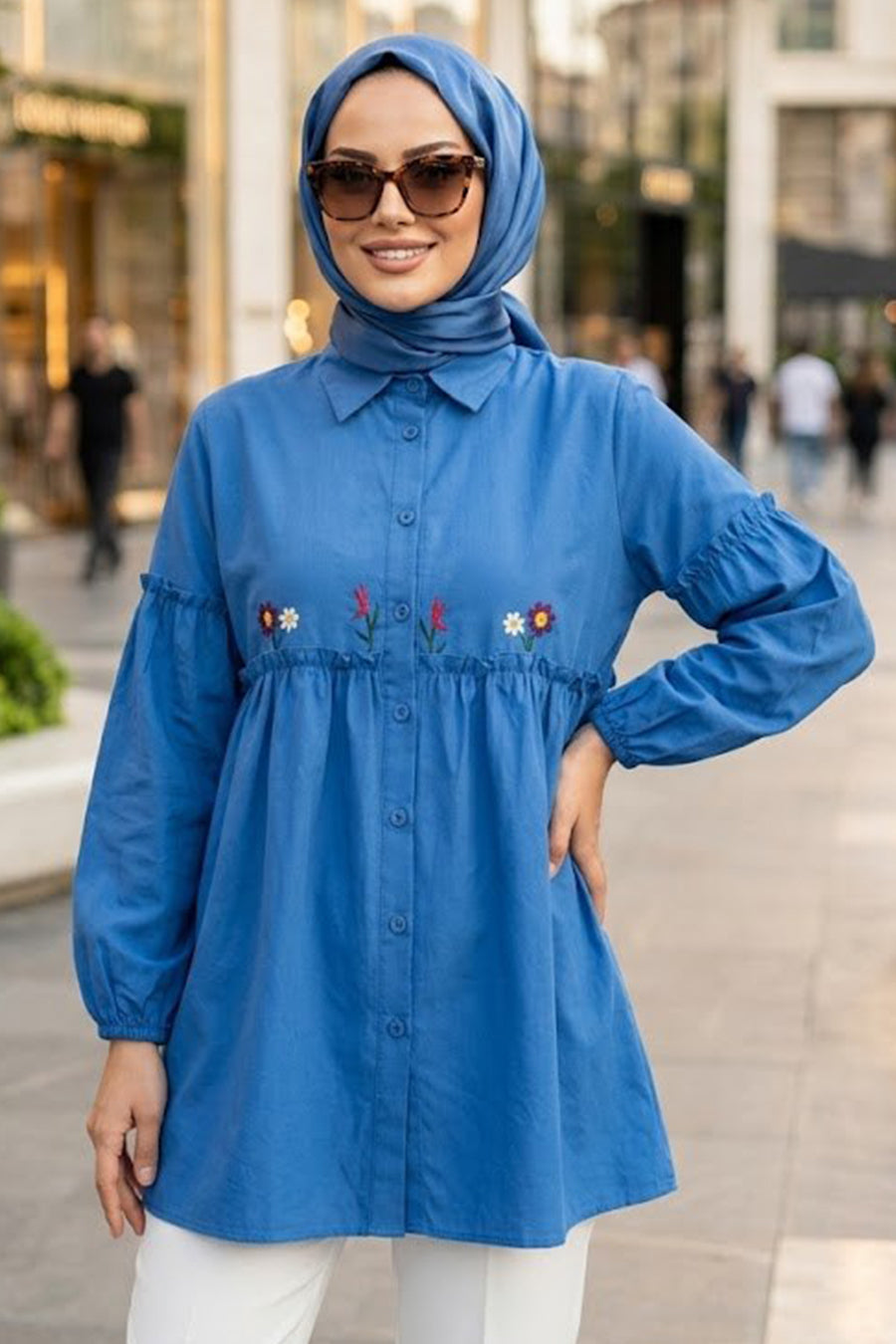 Embroidered Sax Blue Modest Tunic 40603SX