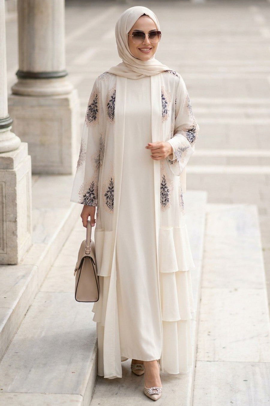 Embroidered Guipure Ruffled Cream Modest Abaya 63262KR