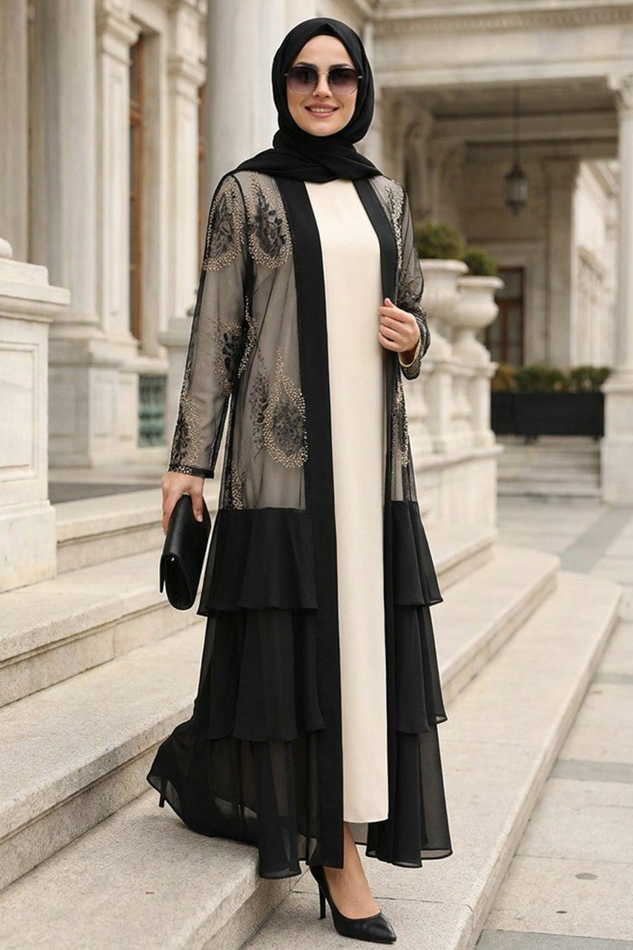 Embroidered Guipure Ruffled Black Modest Abaya 63262S