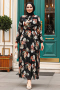 Floral Patterned Black Modest Dress 50191S