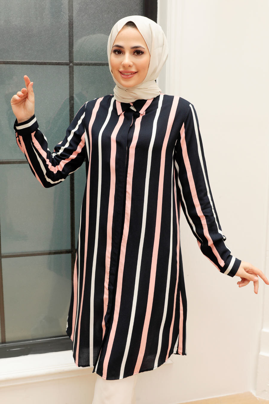 Striped Navy Viscose Modest Tunic 11584L