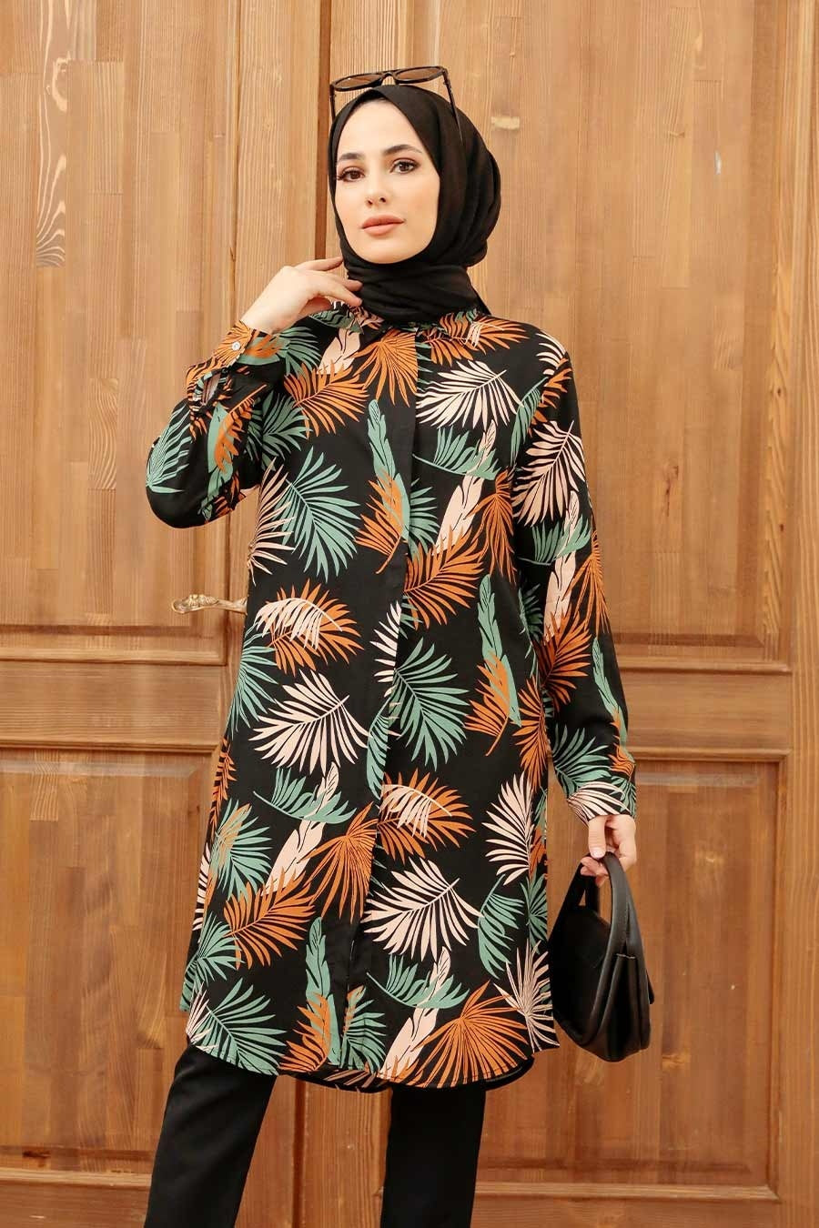 Patterned Black Viscose Modest Tunic 11560S