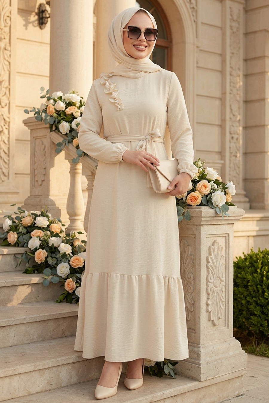 Belted Beige Modest Dress 659BEJ