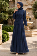 Shoulder Stone Detail Draped Navy Blue Modest Evening Dress 5714L