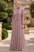 Shoulder Stone Detail Draped Powder Pink Modest Evening Dress 5714PD