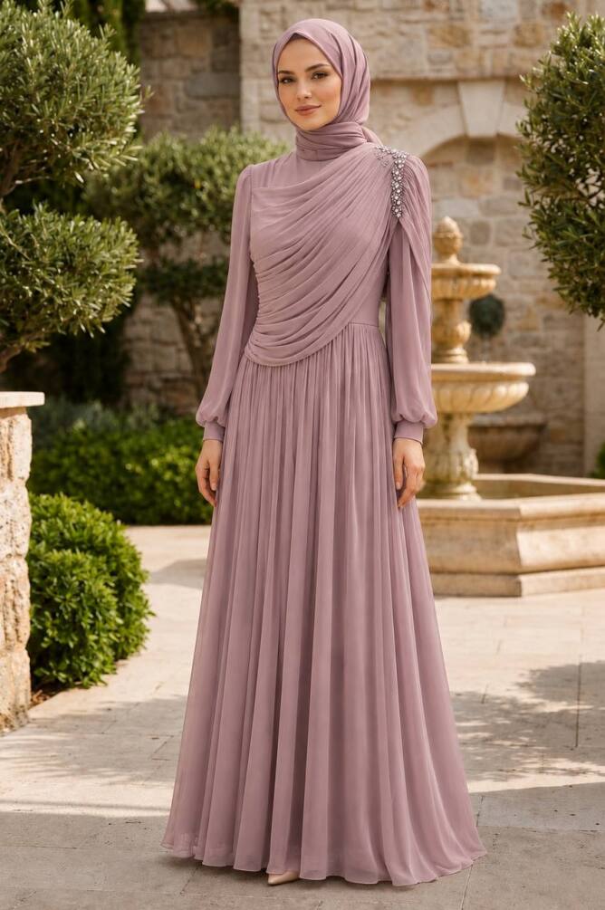 Shoulder Stone Detail Draped Powder Pink Modest Evening Dress 5714PD