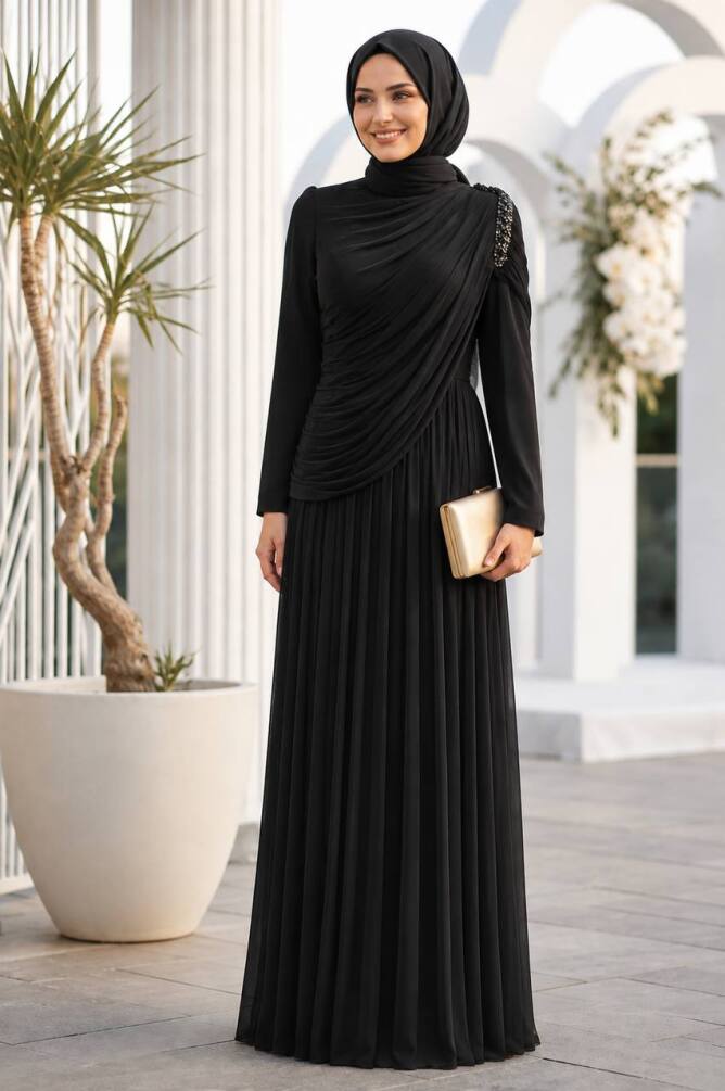 Shoulder Stone Detail Draped Black Modest Evening Dress 5714S
