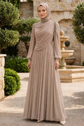 Shoulder Stone Detail Draped Mink Modest Evening Dress 5714V