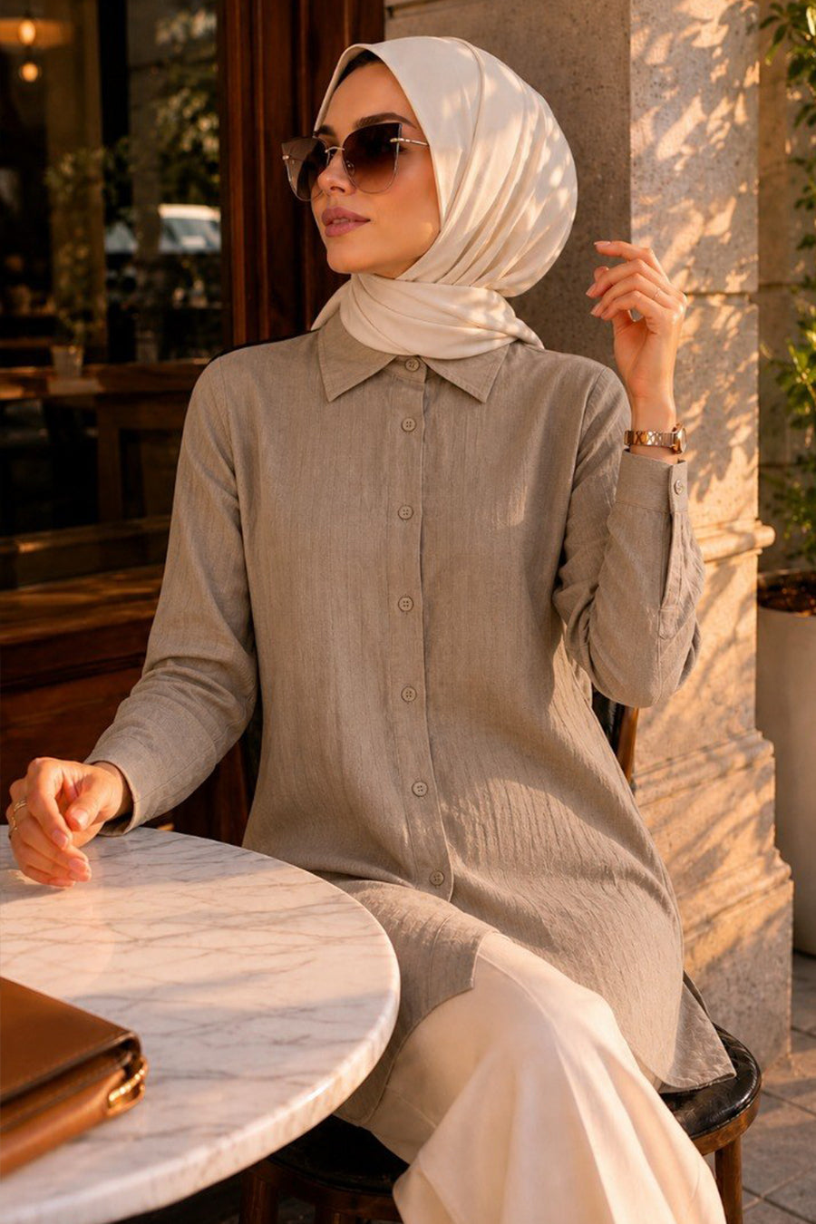 Button-Front Light Khaki Textured Modest Tunic 11025AHK