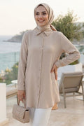 Button-Front Beige Textured Modest Tunic 11025BEJ