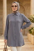 Button-Front Grey Textured Modest Tunic 11025GR