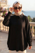 Button-Front Black Textured Modest Tunic 11025S