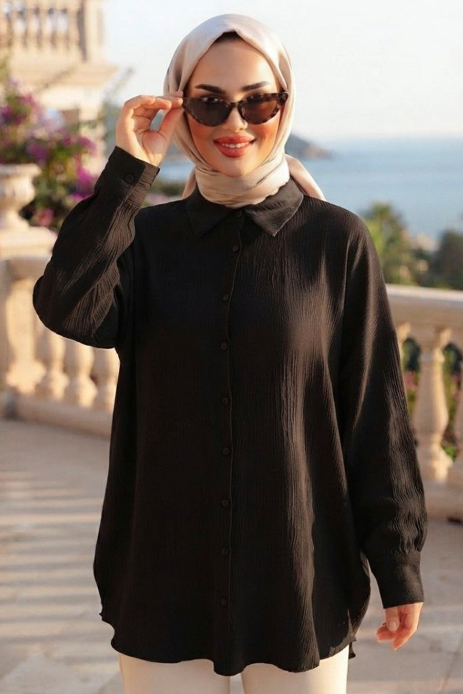 Button-Front Black Textured Modest Tunic 11025S