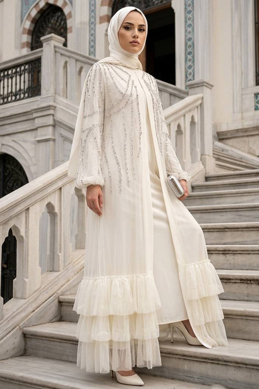 Sequin-Detailed Cream Modest Abaya 61841KR