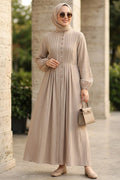 Pleat-Detailed Beige Modest Dress 10320BEJ