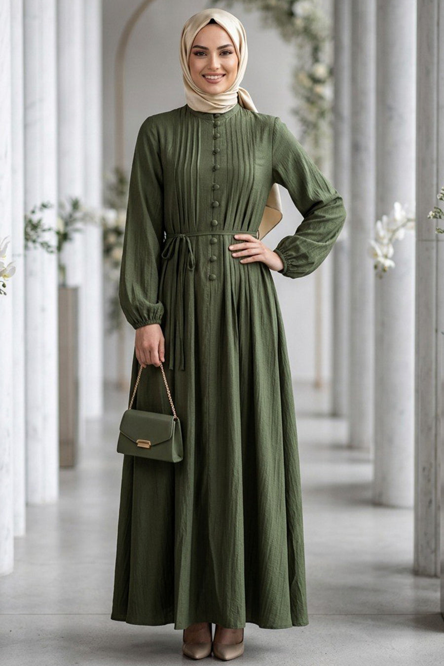 Pleat-Detailed Almond Green Modest Dress 10320CY