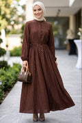 Pleat-Detailed Brown Modest Dress 10320KH