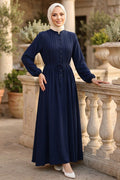 Pleat-Detailed Navy Modest Dress 10320L