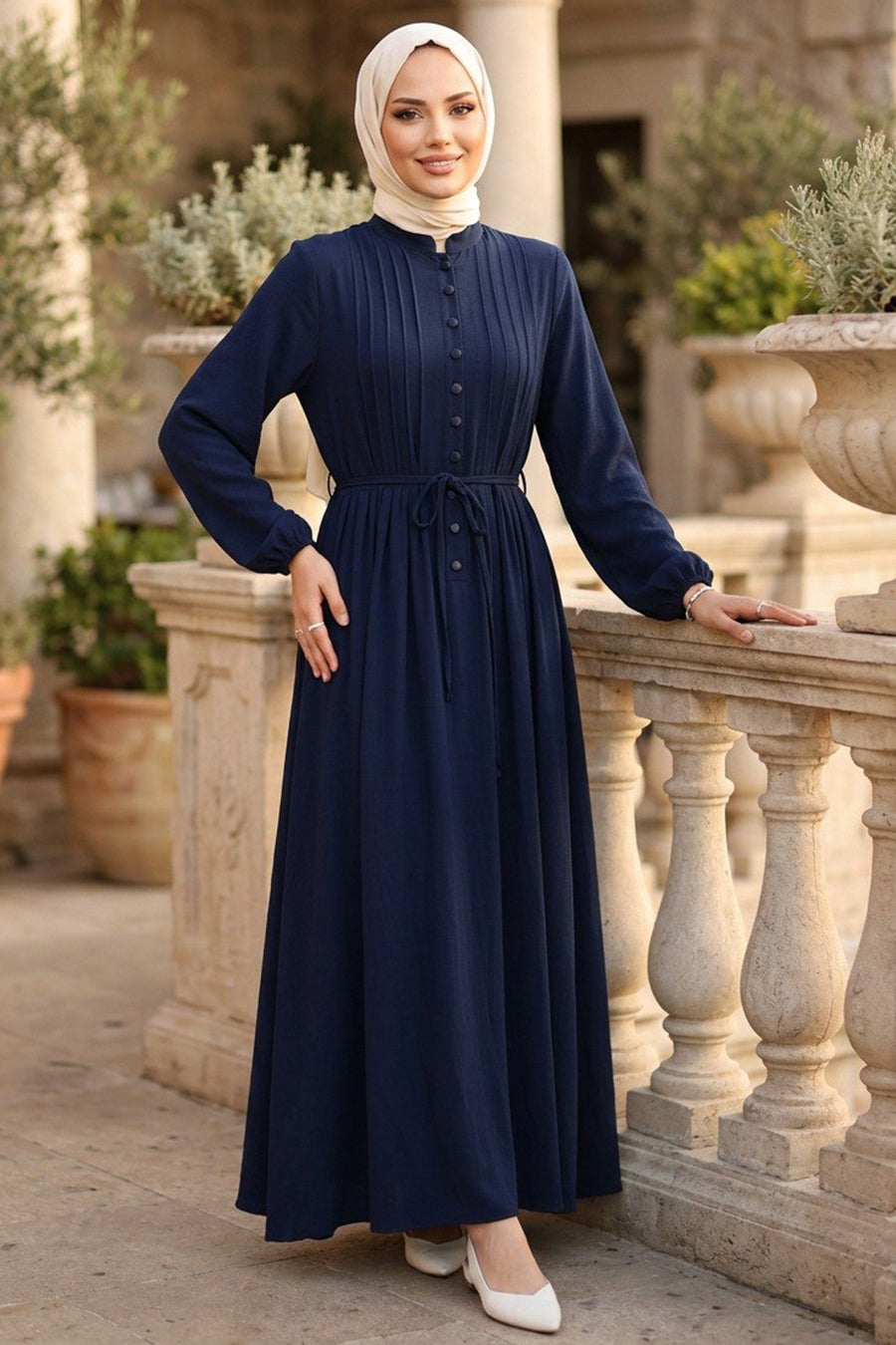 Pleat-Detailed Navy Modest Dress 10320L