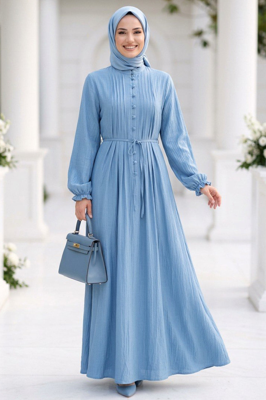 Pleat-Detailed Blue Modest Dress 10320M