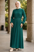 Pleat-Detailed Petrol Blue Modest Dress 10320PM