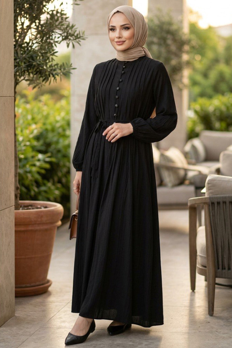 Pleat-Detailed Black Modest Dress 10320S