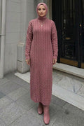 Cable-Knit Dusty Rose Modest Knit Dress 30312GK