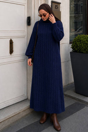 Cable-Knit Navy Modest Knit Dress 30312L