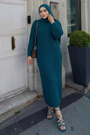 Cable-Knit Emerald Green Modest Knit Dress 30312ZY