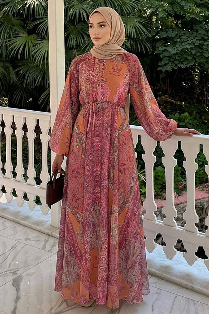 Orange shawl-pattern tie-waist modest dress 24960T wholesale Turkey