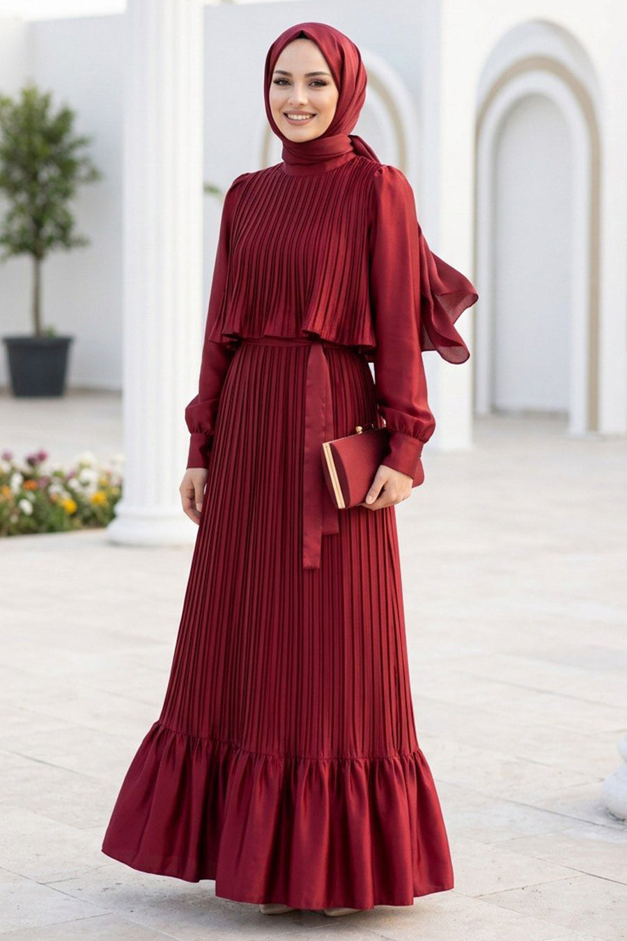 Pleated Satin Crepe Burgundy Modest Dress 95704BR