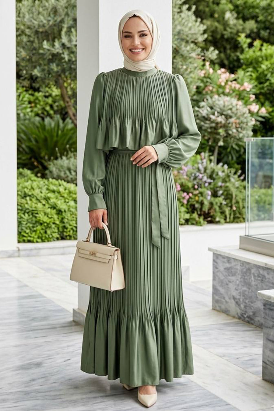Pleated Satin Crepe Almond Green Modest Dress 95704CY