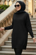 Side-Slit Black Modest Knit Sweater 10901S