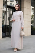 Sweater-Detailed Beige Modest Dress 7705BEJ