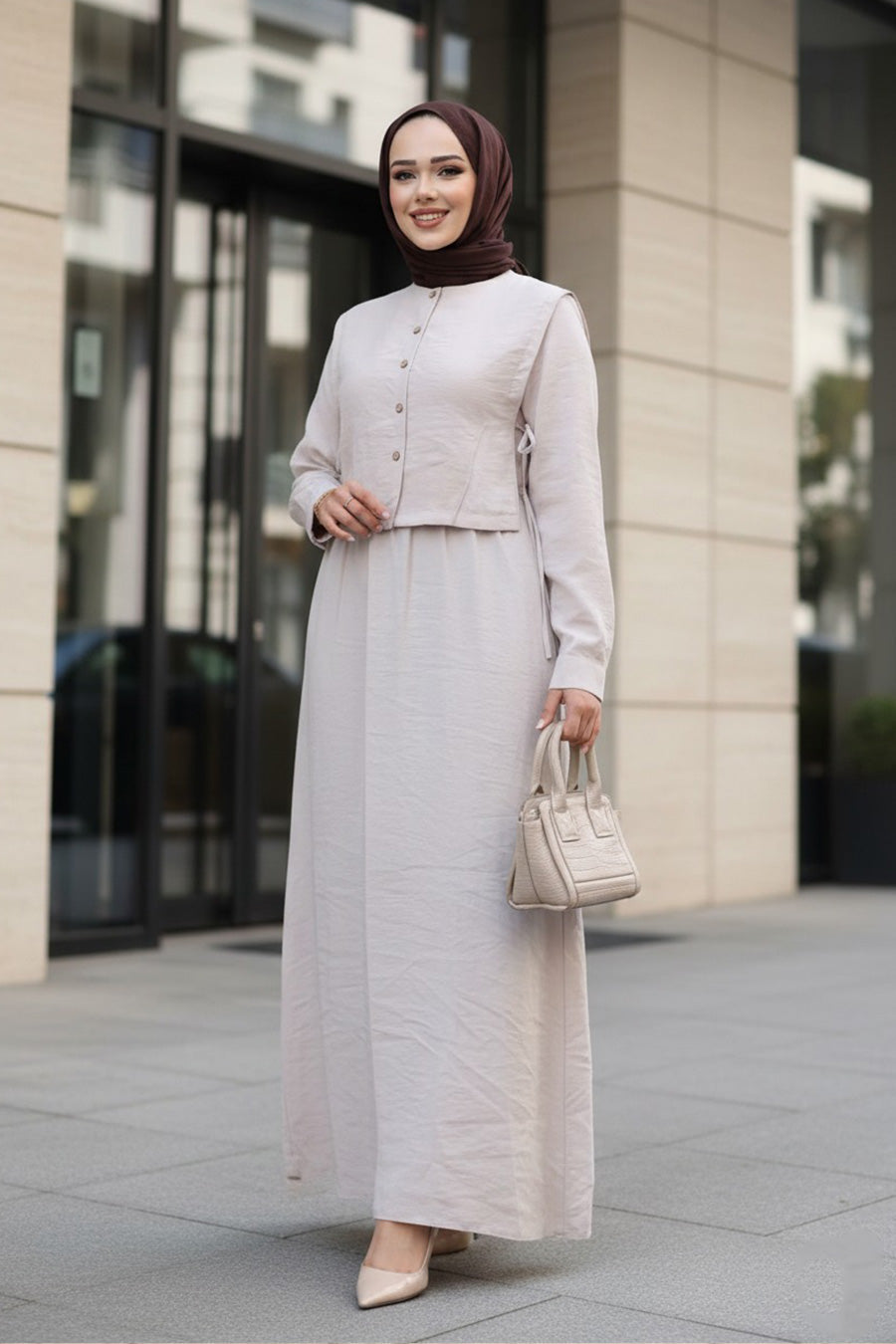 Sweater-Detailed Beige Modest Dress 7705BEJ