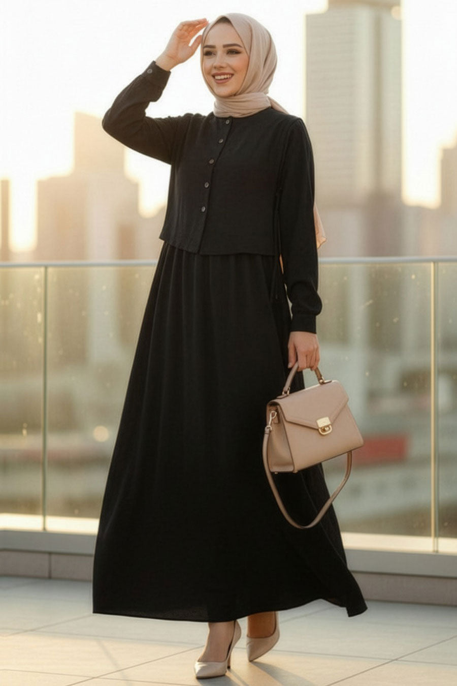 Sweater-Detailed Black Modest Dress 7705S