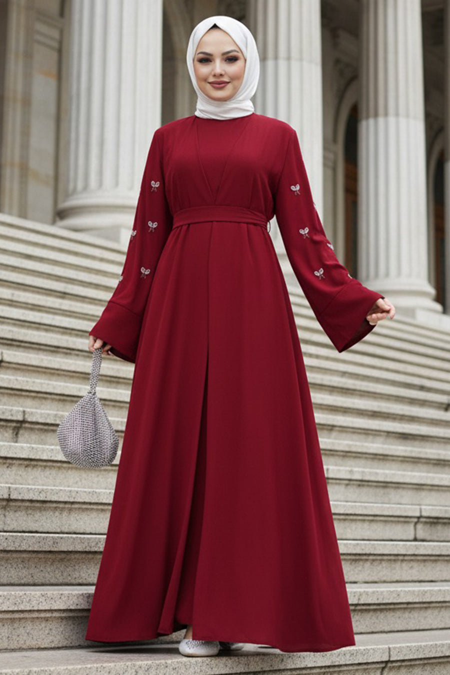 Stone Appliqué Burgundy Modest Abaya 82421BR