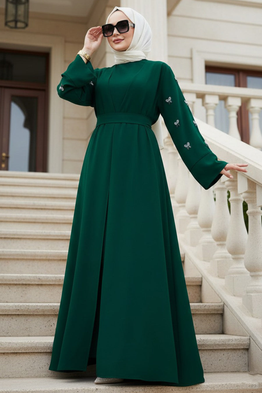 Stone Appliqué Green Modest Abaya 82421Y