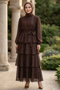 Brown stone-detail tiered ruffle modest dress 5336KH wholesale Turkey