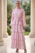 Pink stone-detail tiered ruffle modest dress 5336P wholesale Turkey