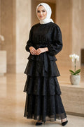 Black stone-detail tiered ruffle modest dress 5336S wholesale Turkey
