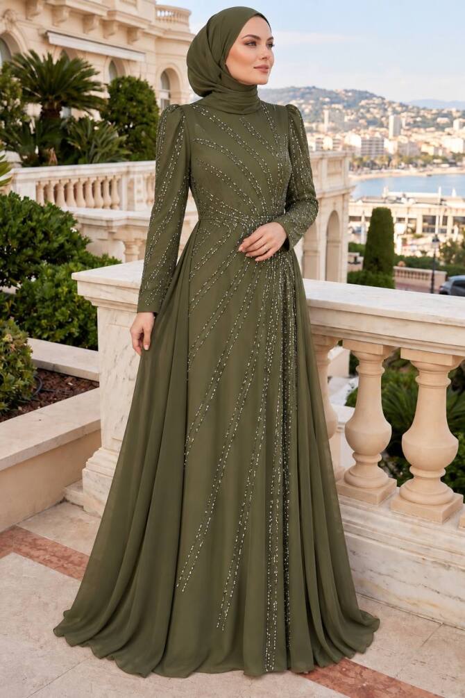 Stone Embellished Draped Khaki Modest Evening Dress 55131HK
