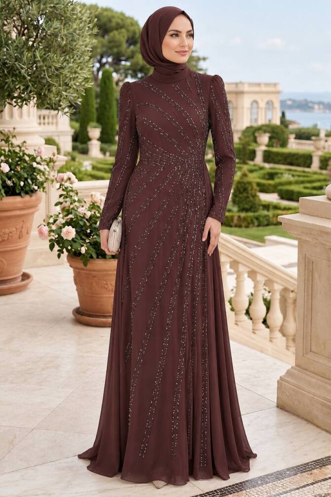 Stone Embellished Draped Dark Brown Modest Evening Dress 55131KKH