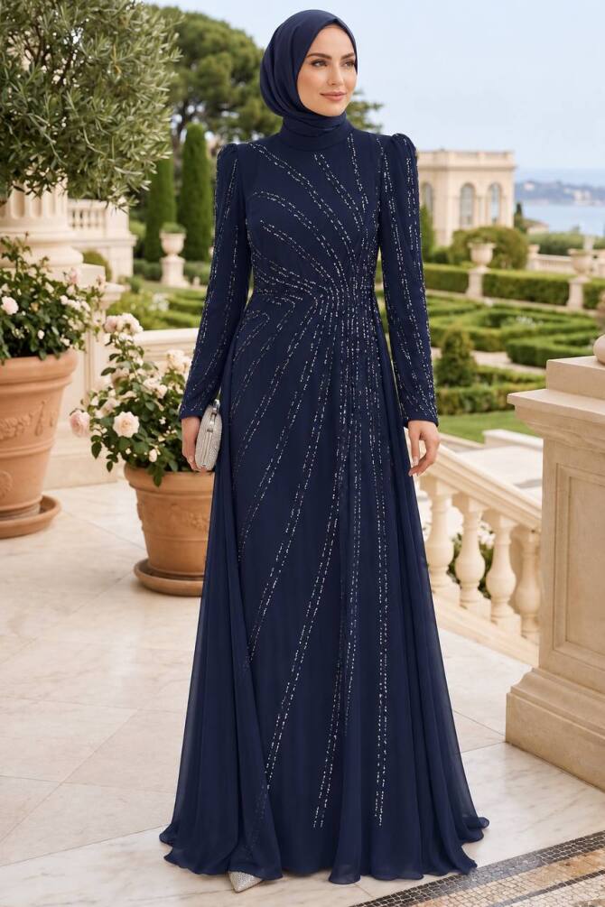 Stone Embellished Draped Navy Blue Modest Evening Dress 55131L
