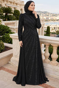 Stone Embellished Draped Black Modest Evening Dress 55131S