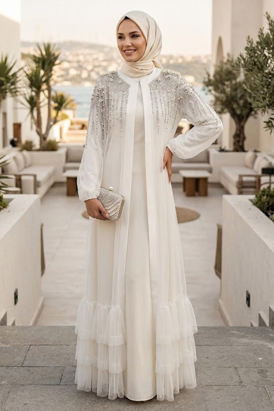 Stone-Embellished Ecru Tulle Ruffled Modest Abaya 60882E
