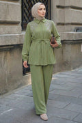 Light khaki stone-embellished shirt-collar modest two-piece set 26189AHK wholesale Turkey